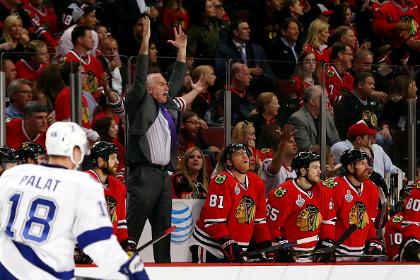 during Game Three of the 2015 NHL Stanley Cup Final at the United Center on June 8, 2015 in Chicago, Illinois.