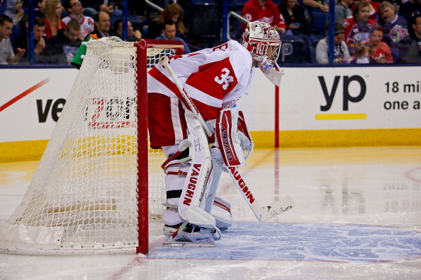 COLUMBUS, OH - MARCH 11:  Petr Mrazek #34 of the Detroit Red Wings readies himself prior to the start of the second period during the game against the Columbus Blue Jackets on March 11, 2014 at Nationwide Arena in Columbus, Ohio. (Photo by Kirk Irwin/Getty Images)