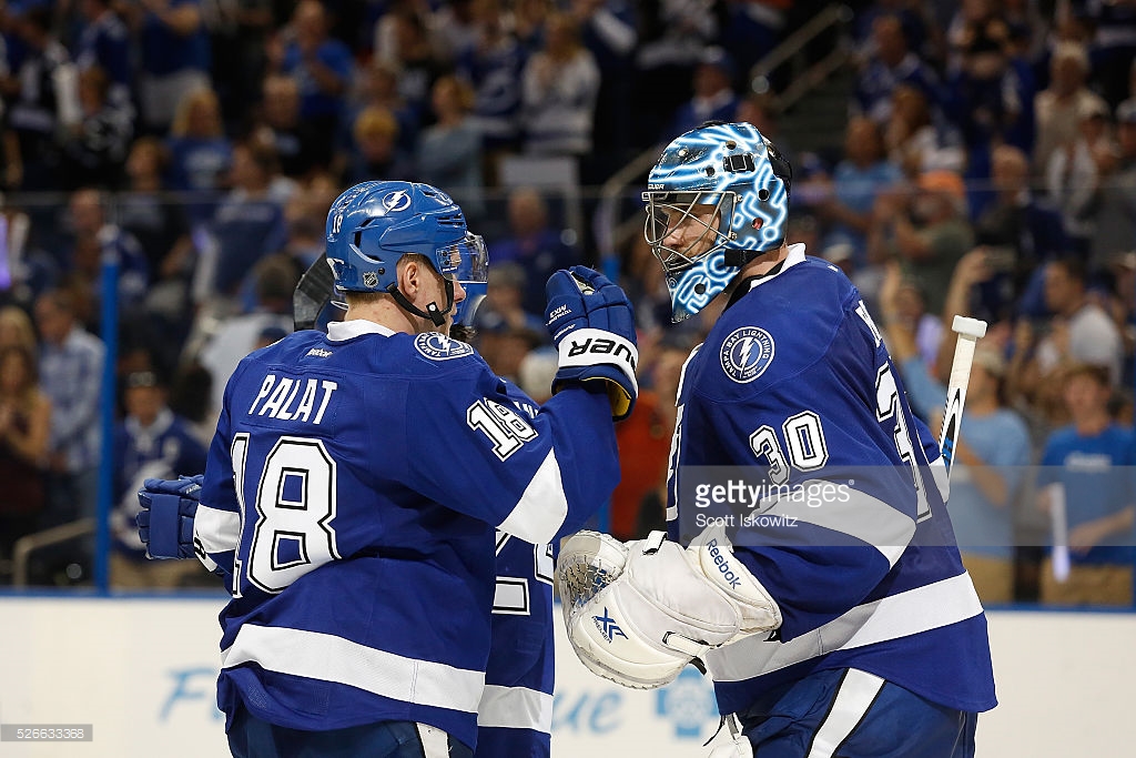 TAMPA, FL - APRIL 30:   Ondrej Palat #18 of the Tampa Bay Lightning celebrates with teammate Ben Bishop #30 of the Tampa Bay Lightning after winning  against the New York Islanders in Game Two of the Eastern Conference Second Round during the 2016 NHL Stanley Cup Playoffs at Amalie Arena on April 30, 2016 in Tampa, Florida. (Photo by Scott Iskowitz/Getty Images)  *** Local Caption ***  Ondrej Palat; Ben Bishop