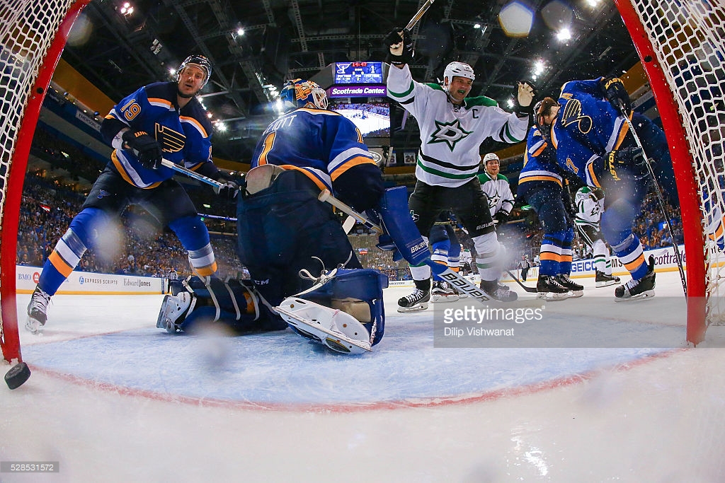 ST. LOUIS, MO - MAY 5: Jamie Benn #14 of the Dallas Stars celebrates after the Stars scored a goal against Brian Elliott #1 and Jay Bouwmeester #19 of the St. Louis Blues in Game Four of the Western Conference Second Round during the 2016 NHL Stanley Cup Playoffs at the Scottrade Center on May 5, 2016 in St. Louis, Missouri.  (Photo by Dilip Vishwanat/Getty Images) *** Local Caption *** Jay Bouwmeester;Brian Elliott;Jamie Benn