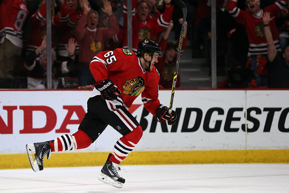 CHICAGO, IL - MAY 27:  Andrew Shaw #65 of the Chicago Blackhawks celebrates a third period goal against the Anaheim Ducks in Game Six of the Western Conference Finals during the 2015 NHL Stanley Cup Playoffs at the United Center on May 27, 2015 in Chicago, Illinois.  (Photo by Jonathan Daniel/Getty Images)