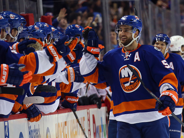 NEW YORK, NY - OCTOBER 26:  Frans Nielsen #51 of the New York Islanders celebrtaes his goal at 5:26 of the third period against the Calgary Flames at the Barclays Center on October 26, 2015 in the Brooklyn borough of New York City.  (Photo by Bruce Bennett/Getty Images)