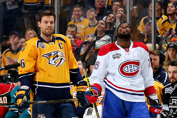 NASHVILLE, TN - JANUARY 30:  Shea Weber #6 of the Nashville Predators and P.K. Subban #76 of the Montreal Canadiens look on in the AMP Energy NHL Hardest Shot during the 2016 Honda NHL All-Star Skill Competition at Bridgestone Arena on January 30, 2016 in Nashville, Tennessee.  (Photo by Bruce Bennett/Getty Images)