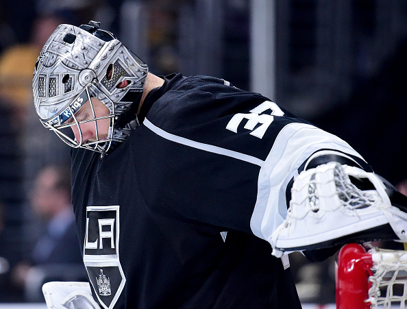 LOS ANGELES, CA - APRIL 22:  Jonathan Quick #32 of the Los Angeles Kings reacts in goal during a 6-3 loss to the San Jose Sharks to lose the series during Game Five of the Western Conference First Round in the 2015 NHL Stanley Cup Playoffs at Staples Center on April 22, 2016 in Los Angeles, California.  (Photo by Harry How/Getty Images)