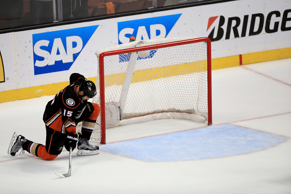 ANAHEIM, CA - APRIL 27:  Ryan Getzlaf #15 of the Anaheim Ducks kneels next to the goal after a game against the Nashville Predators of Game Seven of the Western Conference First Round during the 2016 NHL Stanley Cup Playoffs at the Honda Center on April 27, 2016 in Anaheim, California. The Nashville Predators defeated the Anaheim Ducks 2-1.  (Photo by Sean M. Haffey/Getty Images)