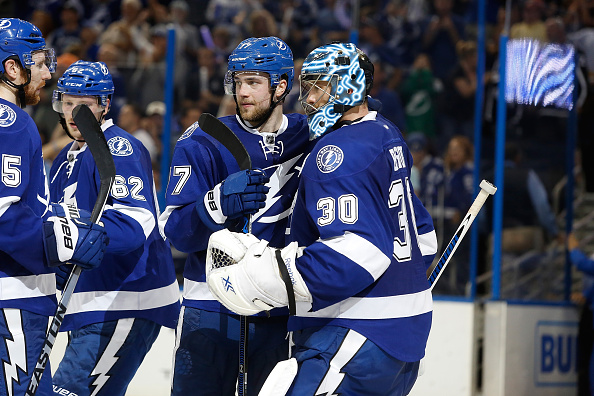 TAMPA, FL - APRIL 30:  Victor Hedman #77 of the Tampa Bay Lightning celebrates a win with teammate Ben Bishop #30 of the Tampa Bay Lightning  at the end of the third period in Game Two of the Eastern Conference Second Round during the 2016 NHL Stanley Cup Playoffs at Amalie Arena on April 30, 2016 in Tampa, Florida. (Photo by Scott Iskowitz/Getty Images)