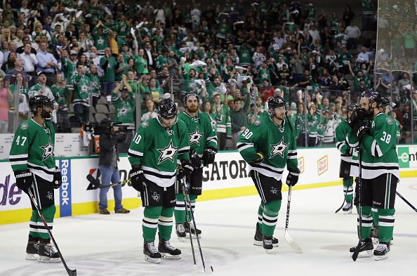 DALLAS, TX - MAY 11:  The Dallas Stars stand on the ice after a 6-1 loss against the St. Louis Blues in Game Seven of the Western Conference Second Round during the 2016 NHL Stanley Cup Playoffs at American Airlines Center on May 11, 2016 in Dallas, Texas.  (Photo by Ronald Martinez/Getty Images)