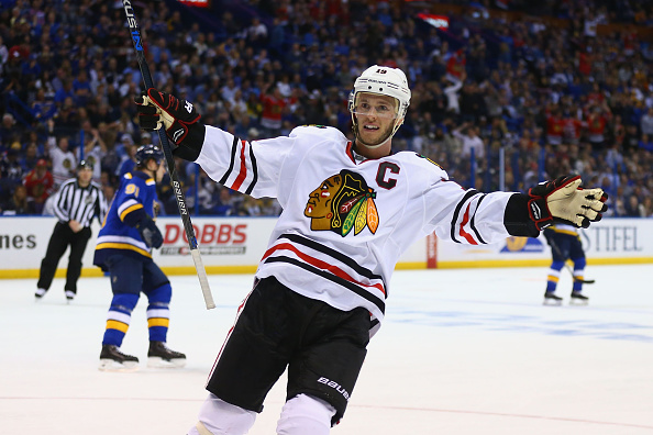 ST. LOUIS, MO - APRIL 21: Jonathan Toews #19 of the Chicago Blackhawks celebrates after the Blackhawks scored a goal against the St. Louis Blues in Game Five of the Western Conference First Round during the 2016 NHL Stanley Cup Playoffs at the Scottrade Center on April 21, 2016 in St. Louis, Missouri.  (Photo by Dilip Vishwanat/ Getty Images)